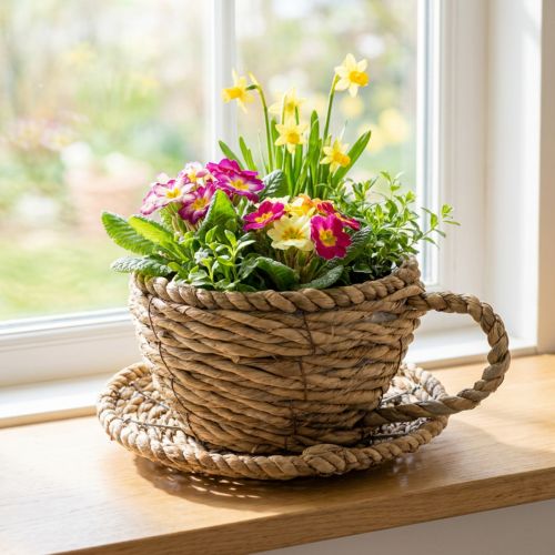 Article Corbeille en forme de tasse en rotin avec soucoupe 15 cm pour décoration intérieure