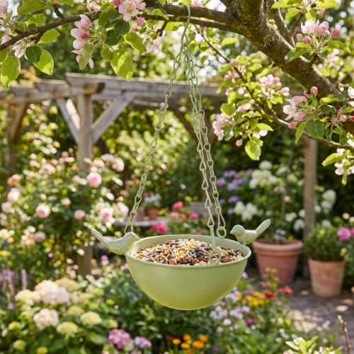 Article Station de nourrissage pour oiseaux suspendue en métal vert, 47 cm