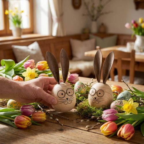 Figurines décoratives en bois et métal : lapins humoristiques avec lunettes – 19 cm, lot de 2 | Floristik24.fr
