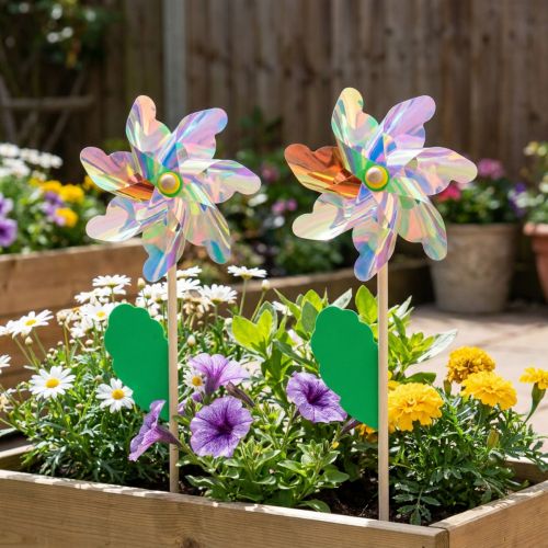 Article Moulin à vent irisé fleur avec feuille en bois, Ø17,5 cm, lot de 2