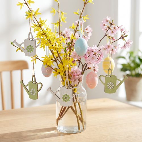 Lot de 12 suspensions arrosoirs en bois nature et vert 8 cm | Floristik24.fr