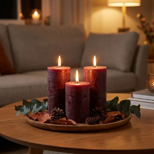 Set de 4 bougies cylindriques en cire bordeaux 70x120mm pour décoration et bien-être | Floristik24.fr