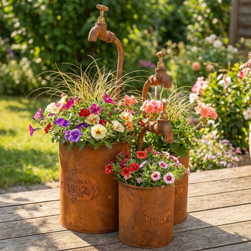 Jardinière Décorative Patine Métal Avec Robinet H25/37/43cm Lot de 3 pcs | Floristik24.fr