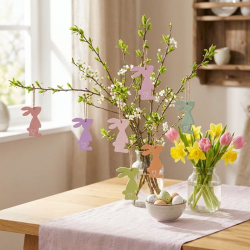 Décoration suspendue en bois lapins de Pâques pastel 10 cm – Lot de 10 | Floristik24.fr
