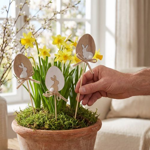 Article Piques décoratives en bois pour Pâques avec lapins et œufs, bois naturel et blanc, 5×7 cm, lot de 12