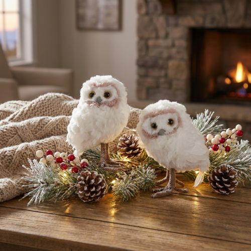 Figurines décoratives chouettes en polystyrène et plumes - Blanc - 15 cm - Lot de 2 | Floristik24.fr