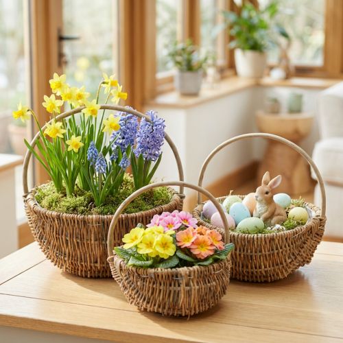 Set de 3 paniers en osier naturel avec anse et revêtement intérieur, Ø32/28/22 cm | Floristik24.fr