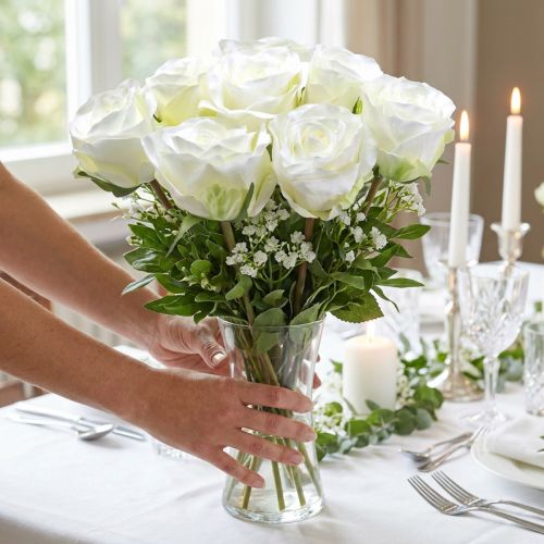 Roses artificielles crème en bouquet 36 cm – Lot de 8 | Floristik24.fr