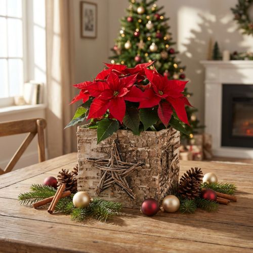 Pots décoratifs en bois avec écorce de bouleau et étoile 15,5 cm | Floristik24.fr