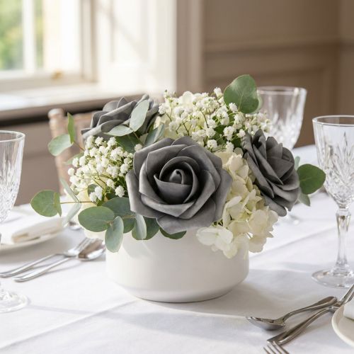 Roses en mousse grises Ø7,5 cm avec tige métallique - Lot de 18 | Floristik24.fr