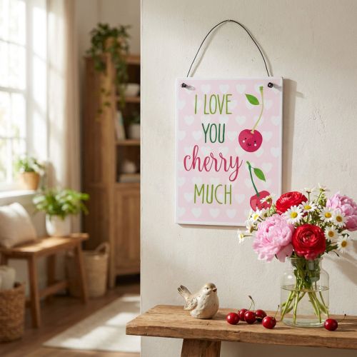 Article Panneau décoratif « I Love You Cherry Much » en métal – Lot de 4, 17 x 12 cm