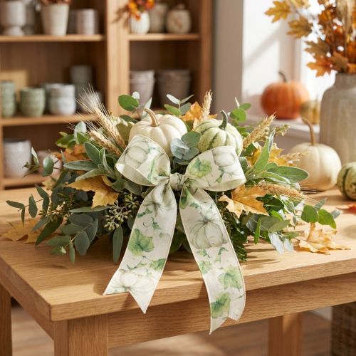 Ruban Décoratif Automnal Blanc et Vert avec Motifs de Citrouilles 40 mm x 15 m | Floristik24.fr