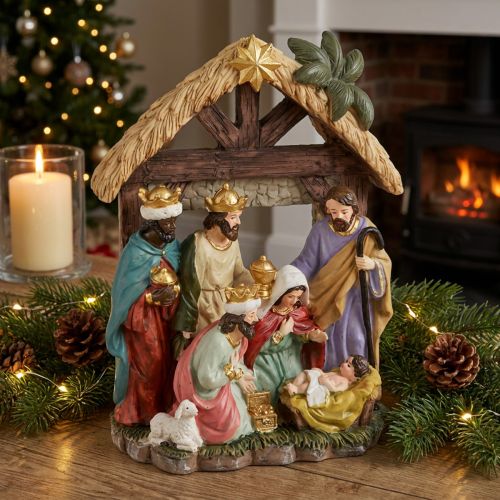 Crèche de Noël avec Figurines en Résine - 15,5×7×20 cm | Floristik24.fr