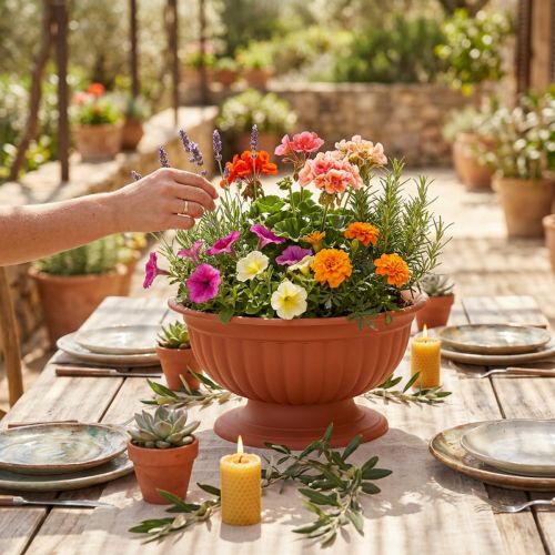 Article Coupe décorative sur pied en plastique terracotta Ø30 cm