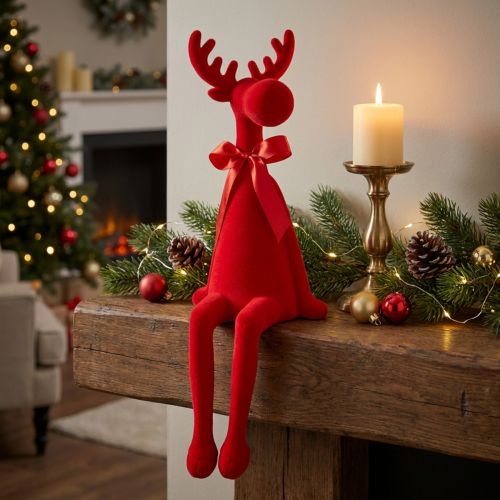 Déofigurine élan rouge avec nœud assise, 54 cm, plastique floqué, intérieur | Floristik24.fr