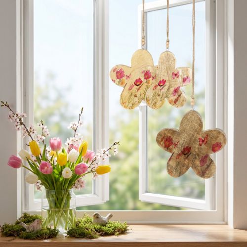 Décoration suspendue en bois fleurs roses - lot de 3, 16 cm | Floristik24.fr