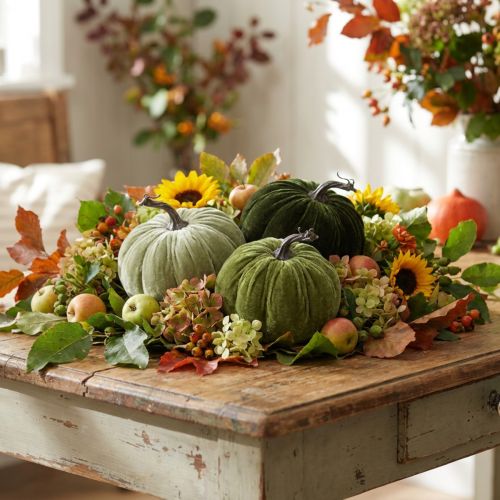 Article Kits de Citrouilles Décoratives Vertes en Textile Ø13 cm - Lot de 3