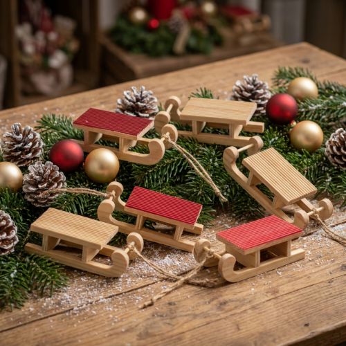 Set de 6 mini luges décoratives en bois rouge et naturel 4 x 8,5 cm | Floristik24.fr