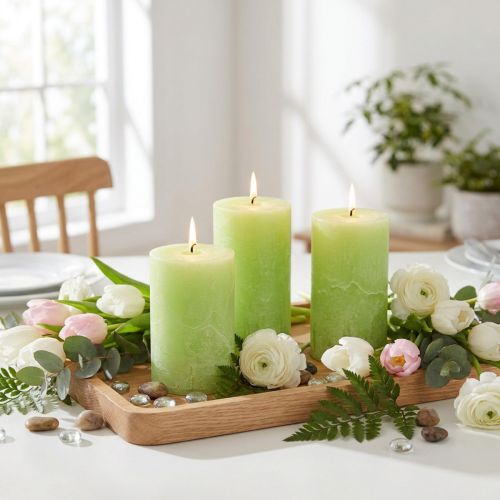 Bougies cylindriques vert clair en cire teintée - Lot de 4 - Ø6 cm x H8 cm | Floristik24.fr