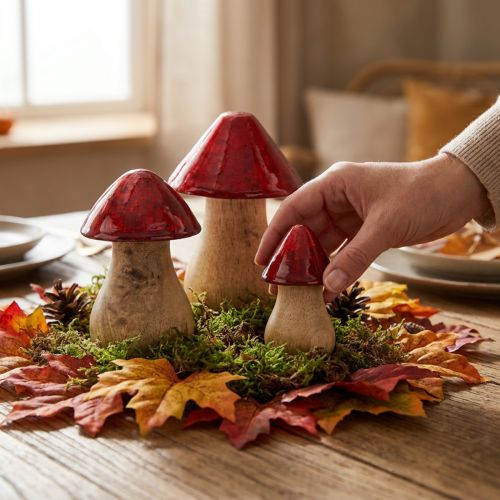 Décoration champignons en bois rouges brillants - Lot de 3 tailles | Floristik24.fr
