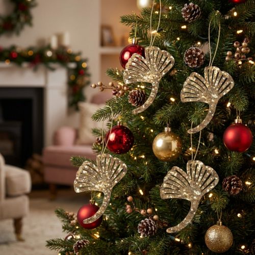 Décoration suspendue en bois Ginkgo doré avec paillettes 5 x 6,5 cm - Lot de 12 | Floristik24.fr
