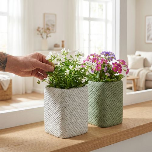 Lot de 2 cache-pots en céramique vert et blanc avec relief, 12x12x17,5 cm | Floristik24.fr