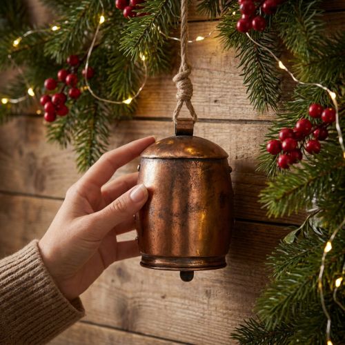 Cloche Décorative en Métal Cuivré avec Corde en Jute - Ø13,5 cm, H 49 cm | Floristik24.fr