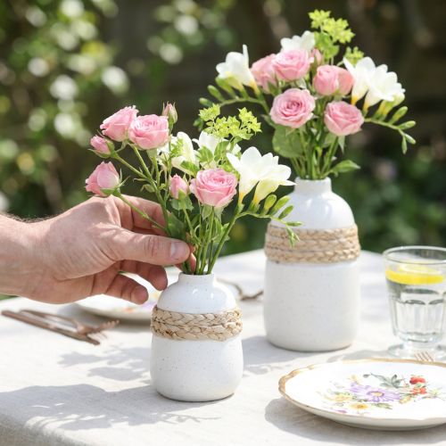 Petites vases en céramique crème et jonc de mer H10,5cm - Lot de 2 | Floristik24.fr