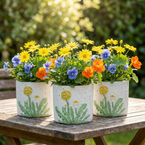 Cache-pot en béton motif pissenlit blanc et jaune Ø12,5cm H11cm - Lot de 3 | Floristik24.fr