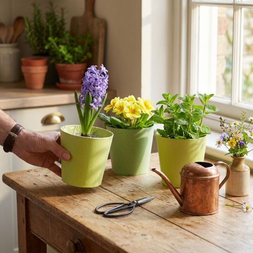 Set de 4 cache-pots en papier vert et bleu Ø13cm H12,5cm | Floristik24.fr