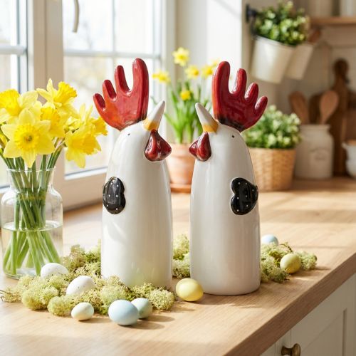 Coffret de 2 coqs décoratifs en céramique blanche H23cm | Floristik24.fr