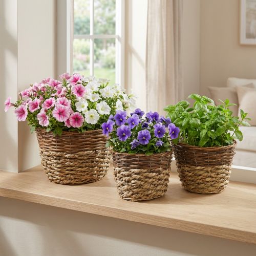 Set de 3 corbeilles naturelles avec doublure plastique pour plantes, décoration intérieure et extérieure | Floristik24.fr