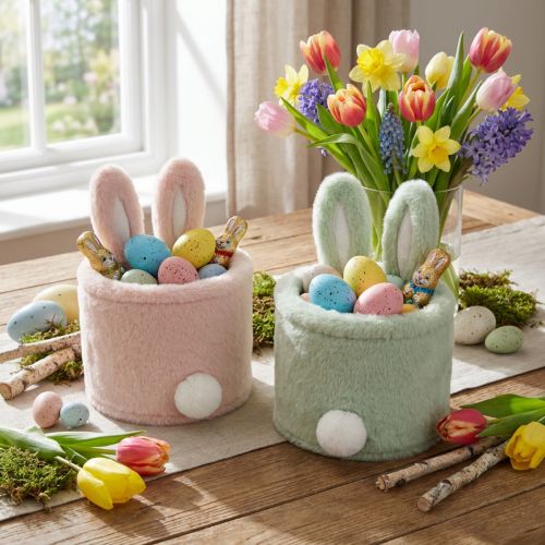 Lot de 2 paniers de rangement lapins en tissu rose et vert 18 cm | Floristik24.fr