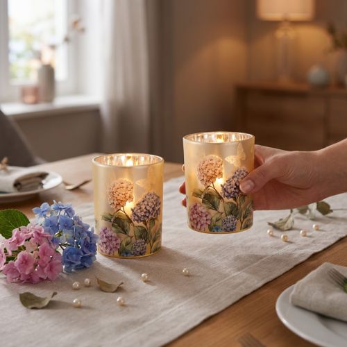 Article Photophore en verre motifs hortensias pastel intérieur doré 12,5 cm