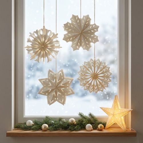Article Flocons de neige en papier blancs à suspendre – Lot de 4