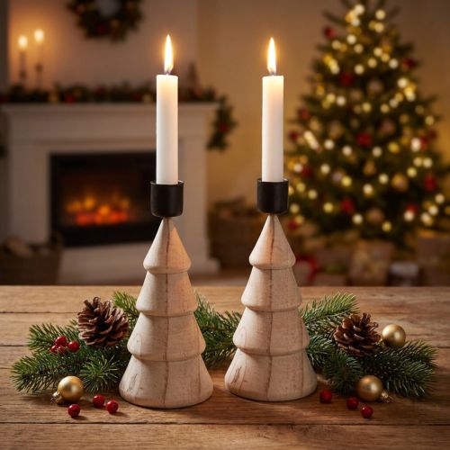 Chandelier Sapin en Bois Naturel 16 cm - Lot de 2 | Floristik24.fr