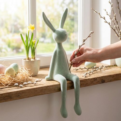 Lapin de Décoration Assis en Bordure Béton Effet Flocké Vert 56 cm | Floristik24.fr