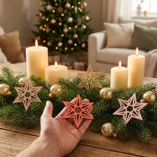 Étoiles décoratives en bois pour Noël 8 cm orange, rose et naturel – Lot de 16 | Floristik24.fr