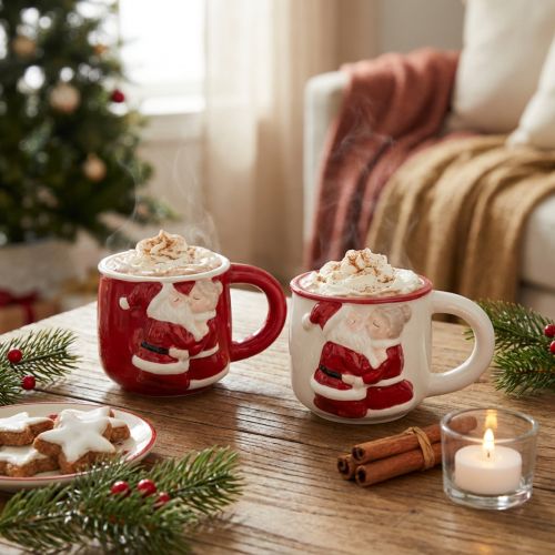 Tasses de Noël en céramique rouge et blanc avec motif Père Noël et Mère Noël H8,5cm - Lot de 2 | Floristik24.fr