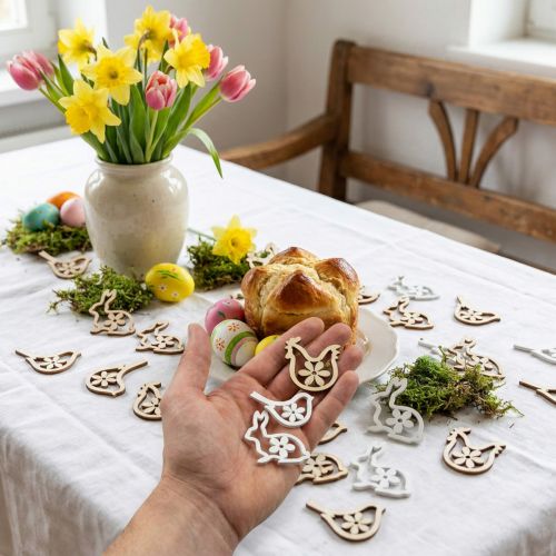 Décorations en bois à parsemer Lapins, Poules et Oiseaux – Lot de 72 pièces | Floristik24.fr
