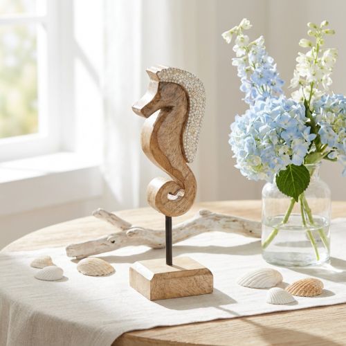 Décoration hippocampe en bois de manguier avec perles 20 cm | Floristik24.fr