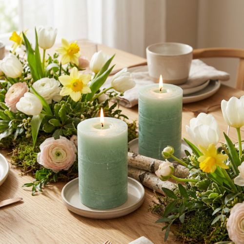 Bougies cylindriques vert jade 85x120 mm - Lot de 2 | Floristik24.fr