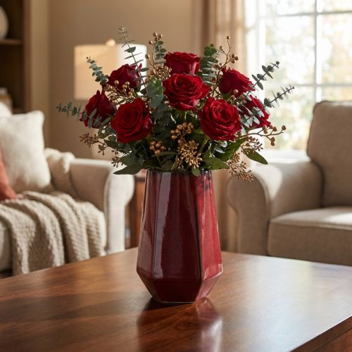 Vase en céramique rouge hexagonal Ø14,5cm H21,5cm | Floristik24.fr