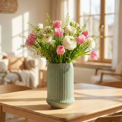 Vase en céramique strié vert clair Ø13cm H20cm | Floristik24.fr