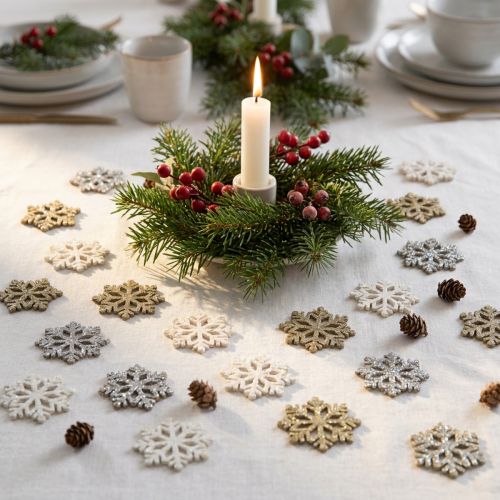 Flocons en bois décoratifs avec paillettes - Lot de 144 pièces - Ø 2 cm | Floristik24.fr