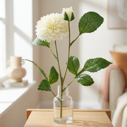 Dahlia artificiel crème vert 2 fleurs 60 cm | Floristik24.fr