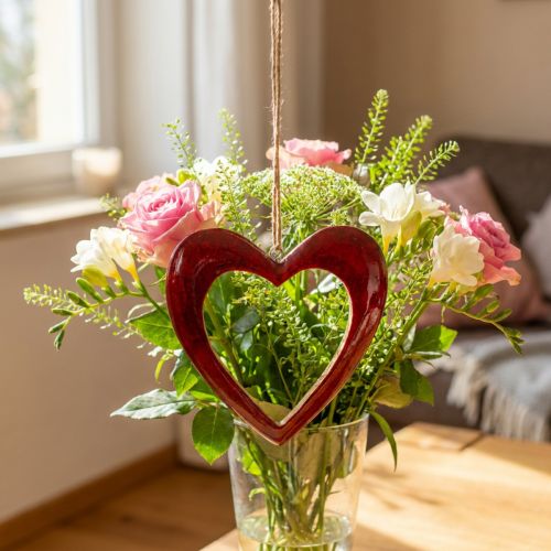 Cœur décoratif en bois rouge avec cordon en jute, 15 cm | Floristik24.fr