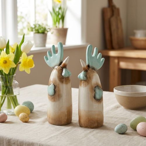 Paire de coqs décoratifs en céramique – Beige et bleu clair – H. 23 cm | Floristik24.fr