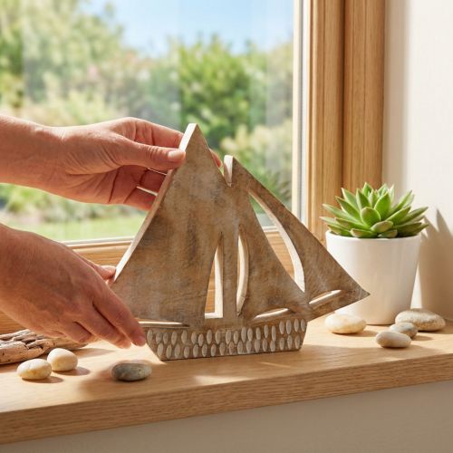 Voilier décoratif en bois, déco maritime naturelle blanc 23 cm | Floristik24.fr