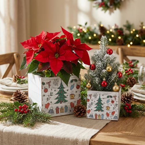 Pots carrés en bois décoratifs de Noël blanc et coloré, 20×20 cm et 15×15 cm, lot de 2 | Floristik24.fr